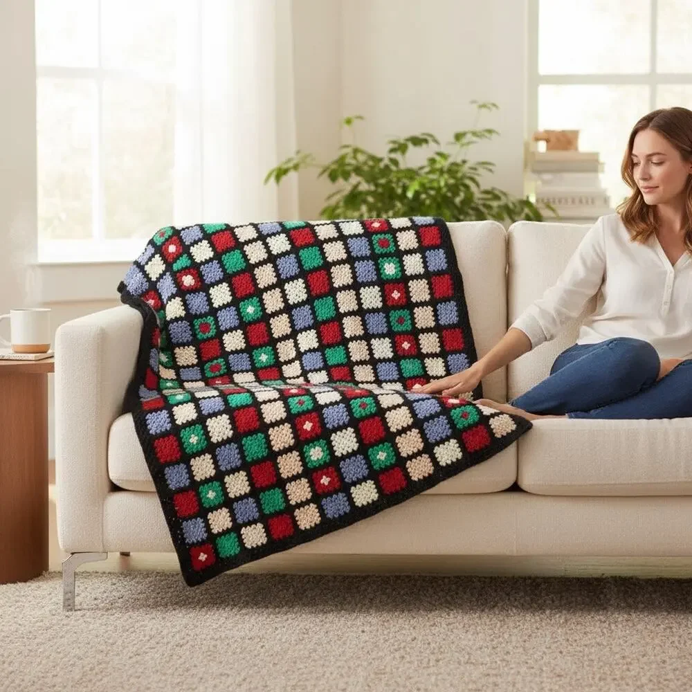 Vintage Granny Square Handmade Afghan Knitted Throw Blanket Multicolor  32”x43”